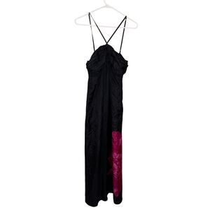 vintage Y2K Express black halter maxi dress pink flower 100% silk (size small)
